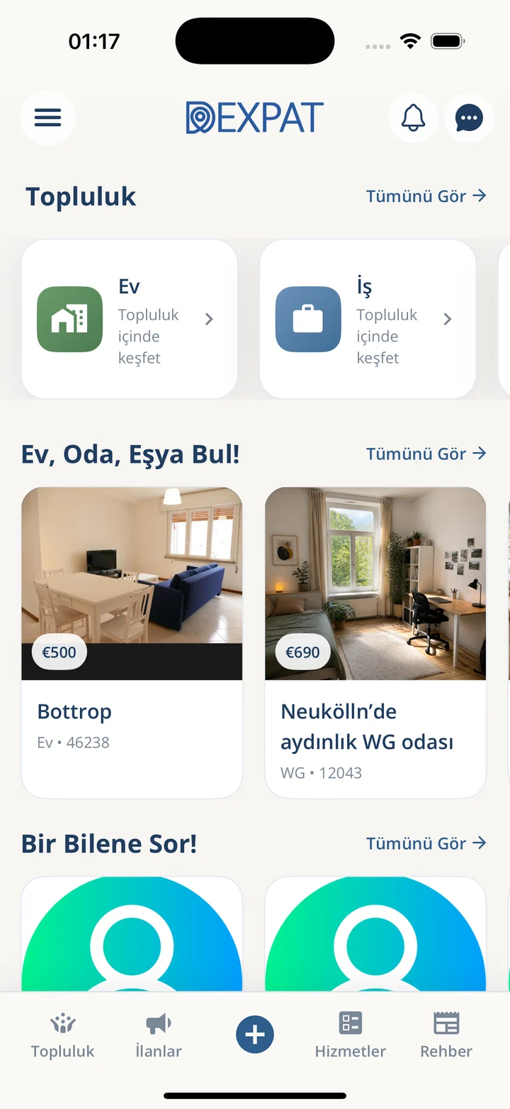 DEXPAT home screen showing community topics and housing listings