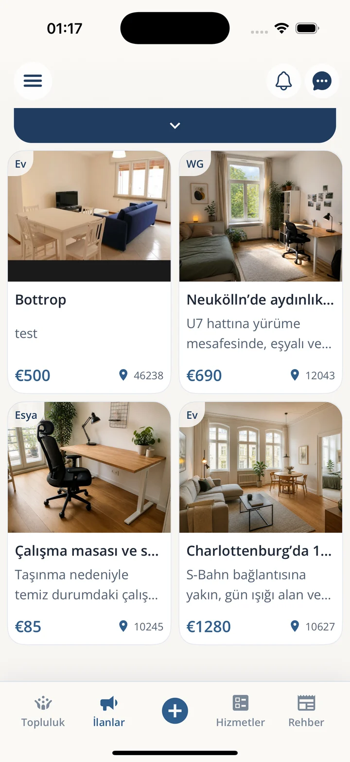 DEXPAT listings screen showing homes, rooms and second-hand items